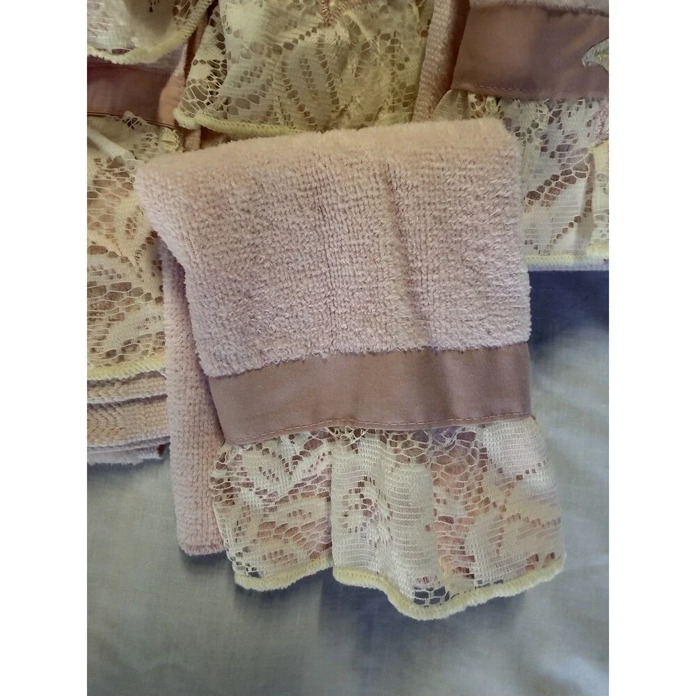 Vtg Elizabeth Gray Lace 5pc Towel Set Pink Bows Made n USA